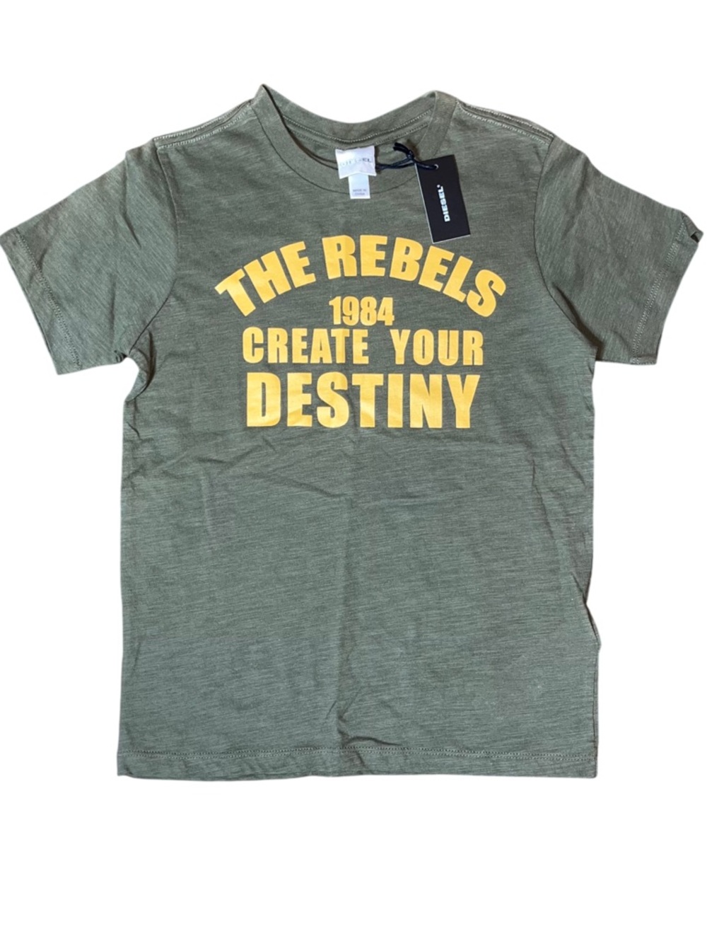 Diesel Green Yellow Rebels Destiny Short Sleeve Tee Shirt Boys Logo NWT 10